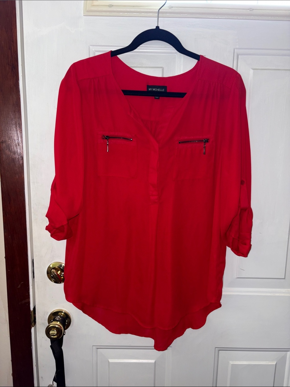 My Michelle Bright Red Zip-Pocket Roll-Sleeve Blouse